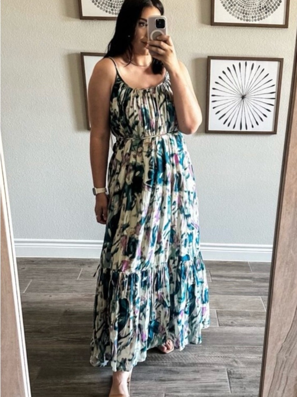 Nordstrom Cream Floral Maxi Dress with Teal and Pink Accents